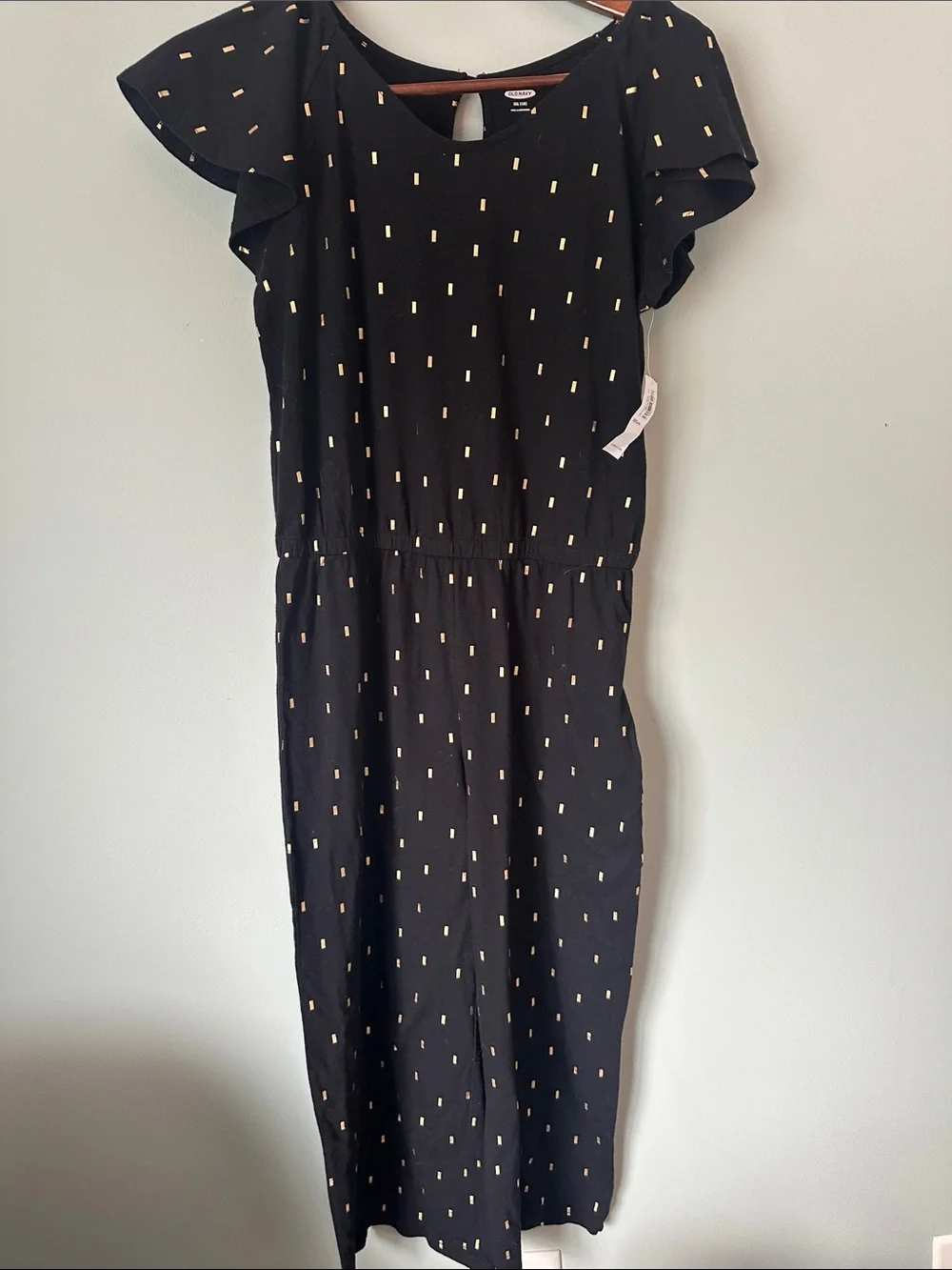 NWT Black and Gold Dash Confetti Flutter Sleeve Jumpsuit w/ Keyhole Back, XXL 16